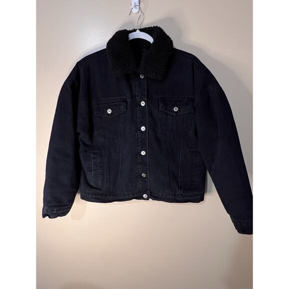 Women Black Denim Trucker Jean Jacket Removable Sherpa Collar SZ Med Forever 21 - Picture 5 of 8